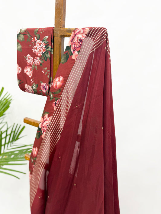 MAROON CREPE SILK SAREE WITH BEADS EMBELLISHMENT WITH FLORAL BLOUSE FABRIC
