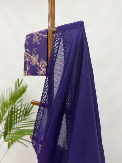 PURPLE KOTA SAREE WITH FOLIOLE BLOUSE FABRIC