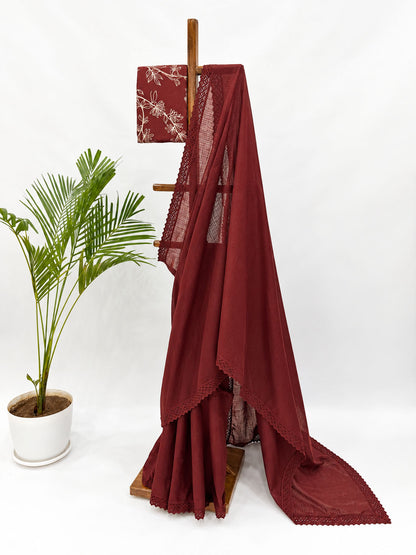 MAROON RED KOTA SAREE WITH FOLIOLE BLOUSE FABRIC