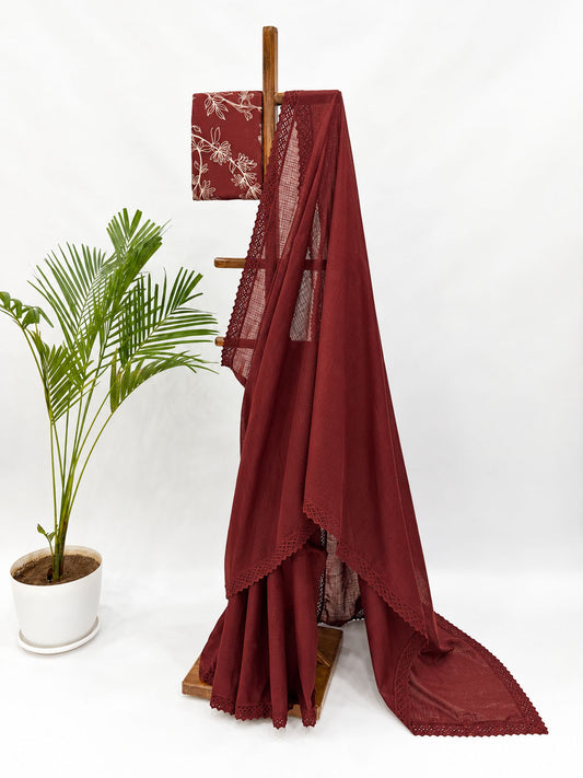 MAROON RED KOTA SAREE WITH FOLIOLE BLOUSE FABRIC
