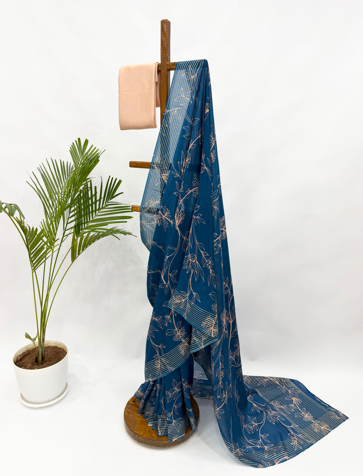 PEACOCK BLUE OT FOLIOLE CREPE SILK SAREE WITH PEACH BLOUSE FABRIC