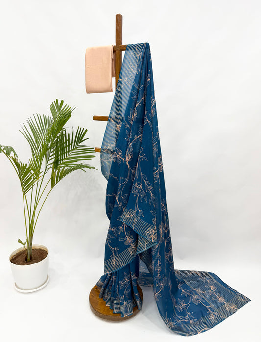PEACOCK BLUE OT FOLIOLE CREPE SILK SAREE WITH PEACH BLOUSE FABRIC