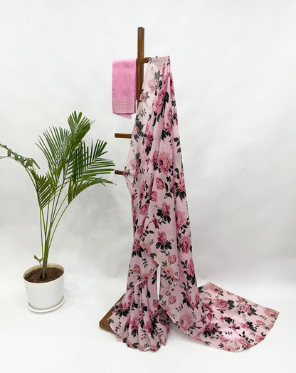 BLUSH FLOWER BUNCH CREPE SILK SAREE WITH PINK BLOUSE FABRIC