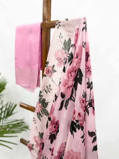 BLUSH FLOWER BUNCH CREPE SILK SAREE WITH PINK BLOUSE FABRIC
