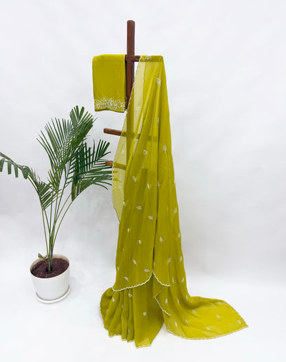 LIMEGREEN ORGANZA SAREE WITH PEARL LEAF MOTIFS