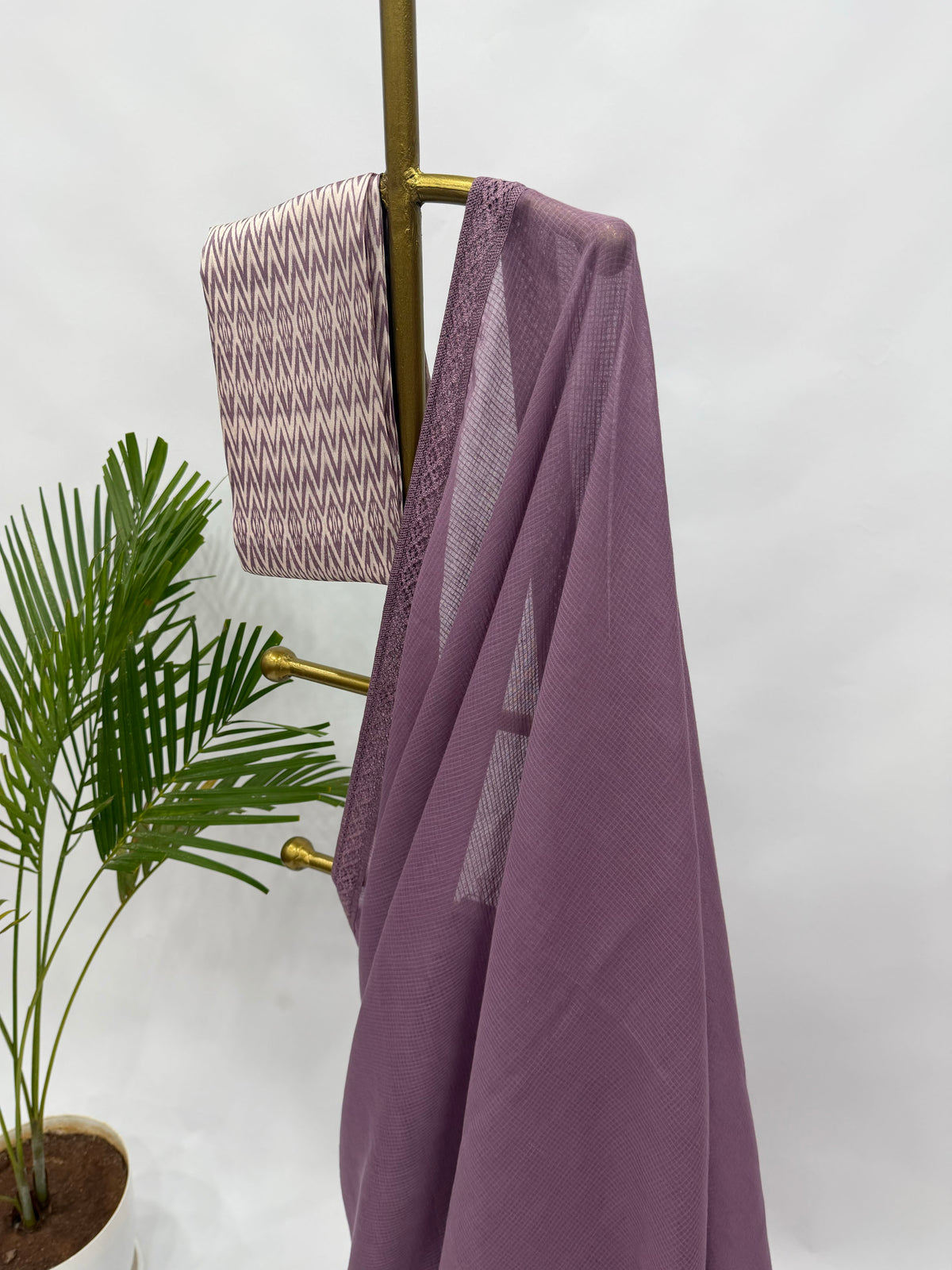 MAUVE KOTA SAREE WITH STRIPOES BLOUSE FABRIC