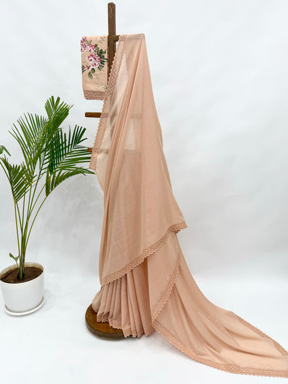 BEIGE KOTA SAREE WITH FLOWER BUNCH BLOUSE FABRIC
