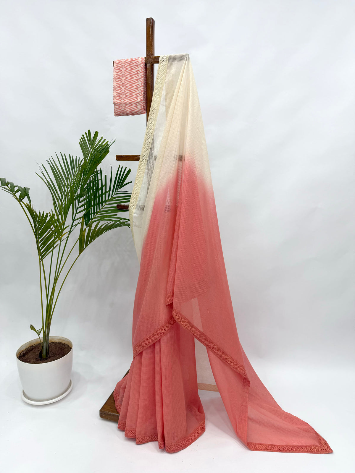 PEACH OMBRE KOTA SAREE WITH STRIPES BLOUSE FABRIC