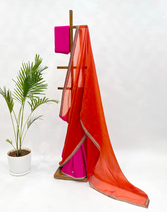 ORANGE HOTPINK ORGANZA SAREE WITH HAND EMBRODIERED BORDER