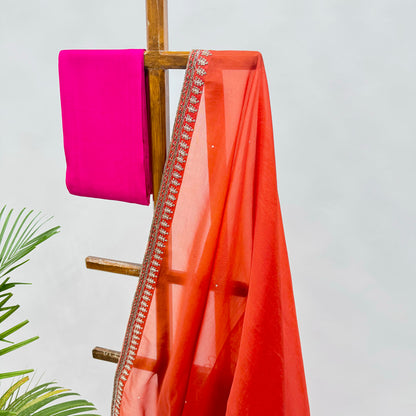 ORANGE HOTPINK ORGANZA SAREE WITH HAND EMBRODIERED BORDER