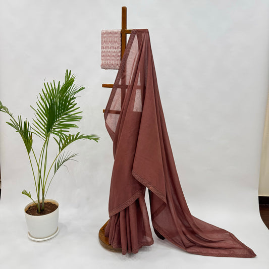 BROWN KOTA SAREE WITH STRIPES BLOUSE FABRIC