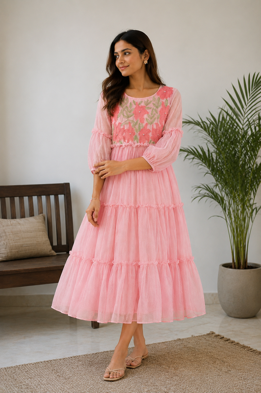 Powder Pink Layered Kota Dress