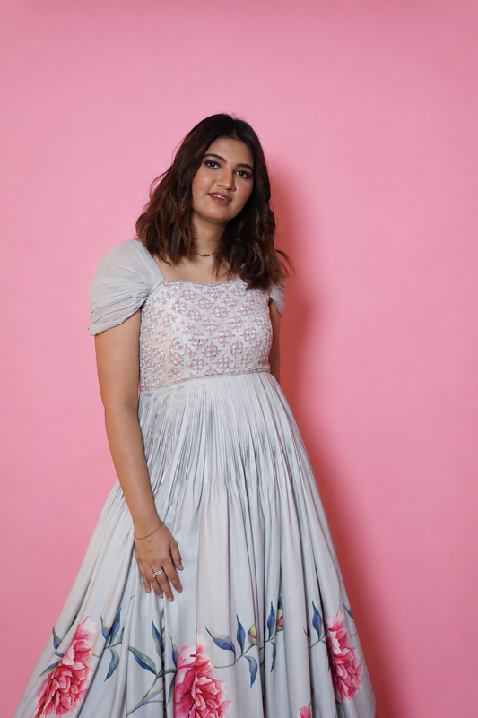 Powder Blue Peonia Printed Floorlength
