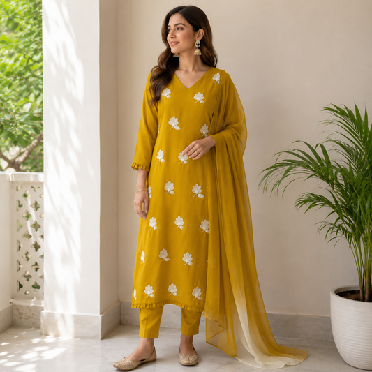 Mustard Yellow Georgetown Flowers Kurta Set