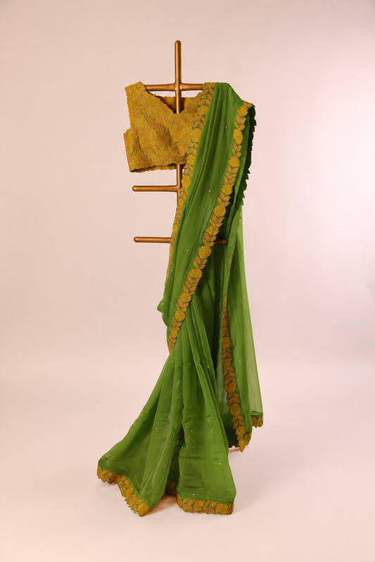 LEAFGREEN WITH YELLOW APPLIQUE BORDER ORGANZA SAREE WITH EMBROIDERY BLOUSE
