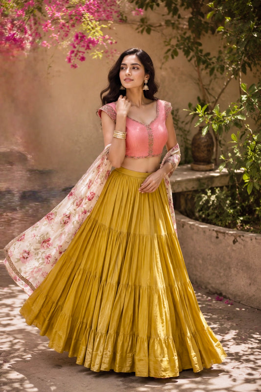 Tiered Skirt set with floral dupatta