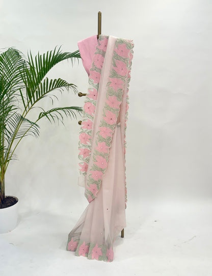 BLUSH VT APPLIQUE FALLING ORGANZA SAREE WITH UNSTITCHED BLOUSE FABRIC