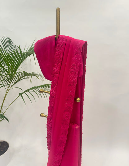 PINK APPLIQUE AND ZARDOSI EMBELLISHED FALLING ORGANZA SAREE WITH UNSTITCHED BLOUSE FABRIC