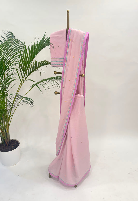 SOFT PINK MIRROR EMBROIDERY MUL COTTON SAREE