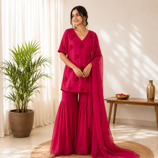 Pinkish Red georegtte Flowers Sharara set