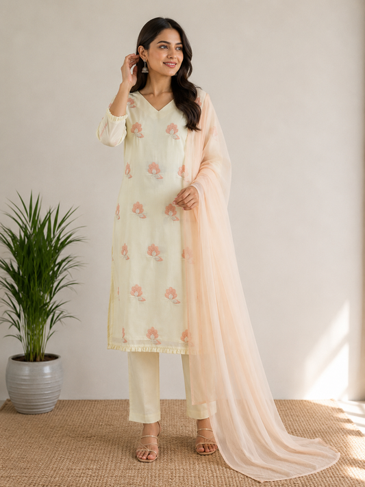 Off-White Georgette Flowers Kurta Set