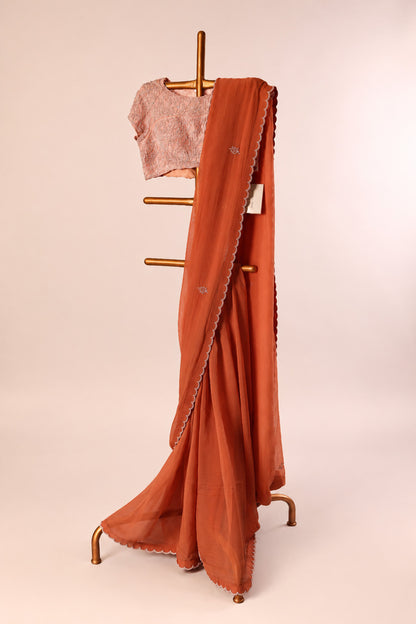 BROWN PEARL BORDER ORGANZA SAREE WITH APPLIQUE BLOUSE