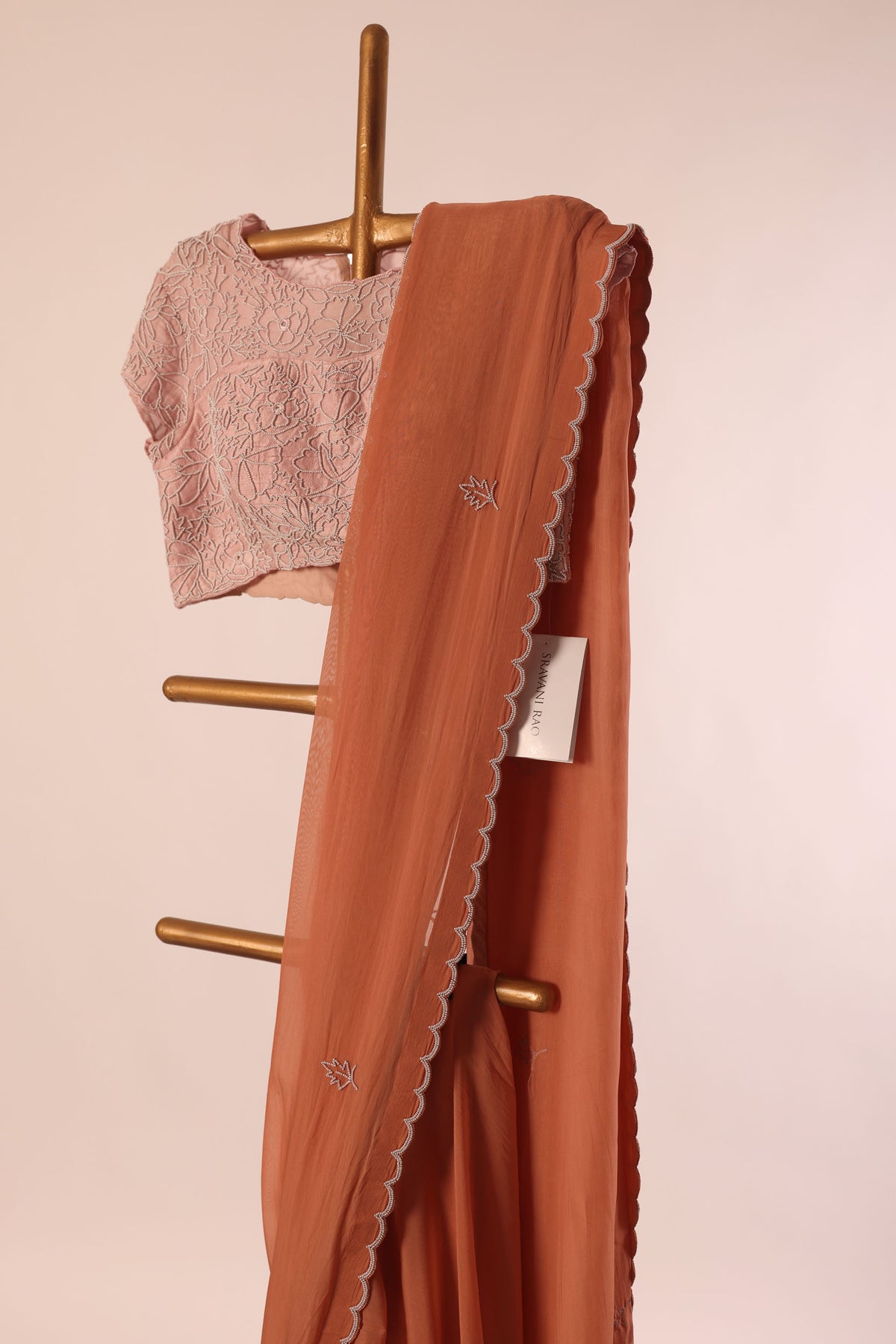 BROWN PEARL BORDER ORGANZA SAREE WITH APPLIQUE BLOUSE