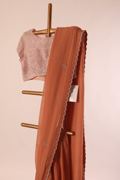 BROWN PEARL BORDER ORGANZA SAREE WITH APPLIQUE BLOUSE