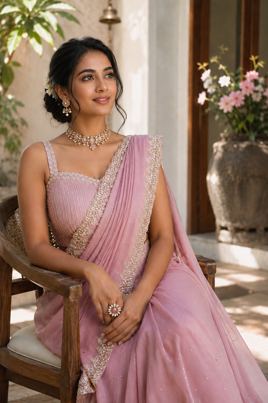 Soft Onion Pink Knot Embroidery Saree Set