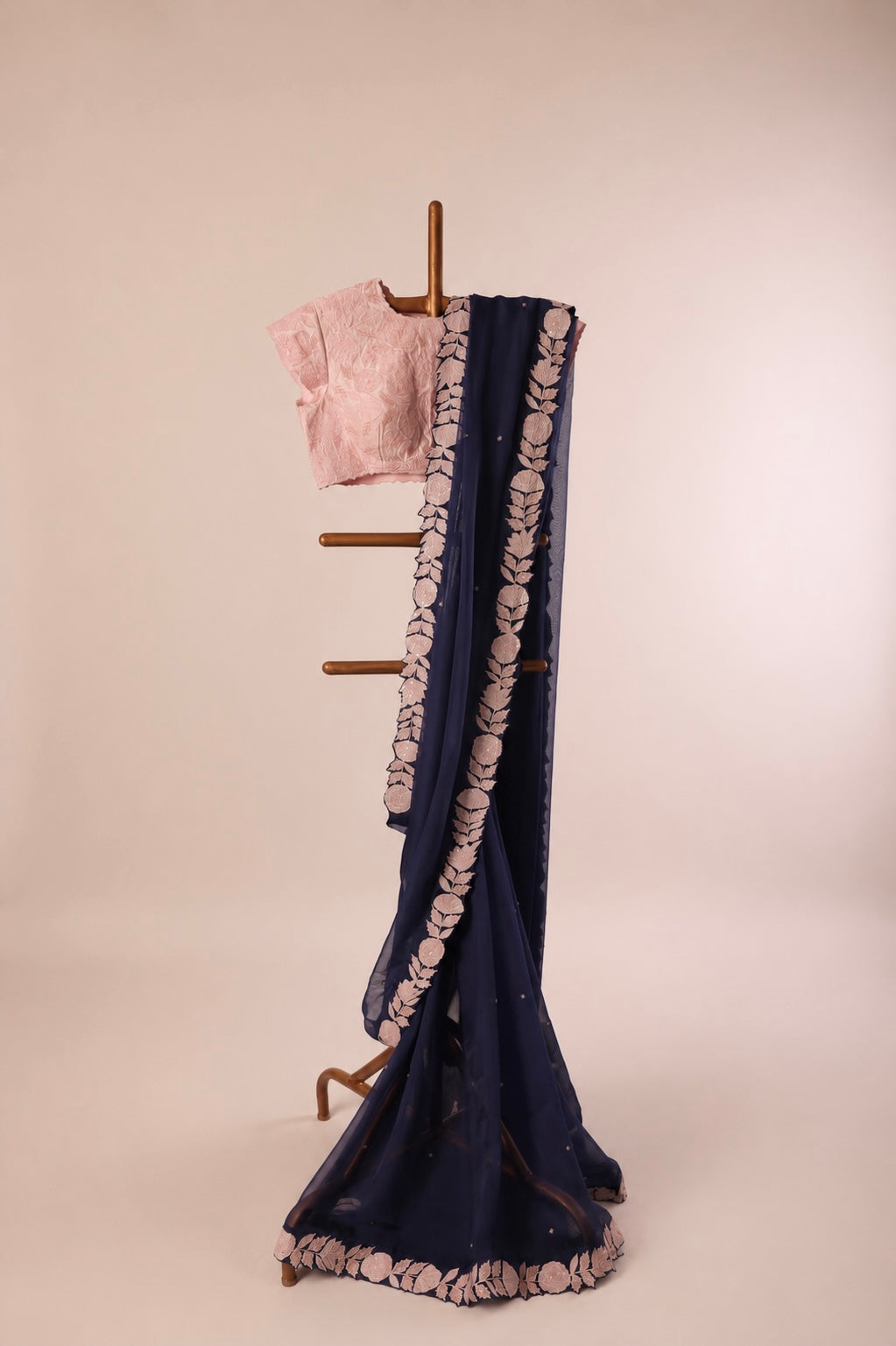 Midnight Blue Applique Falling Organza Saree set