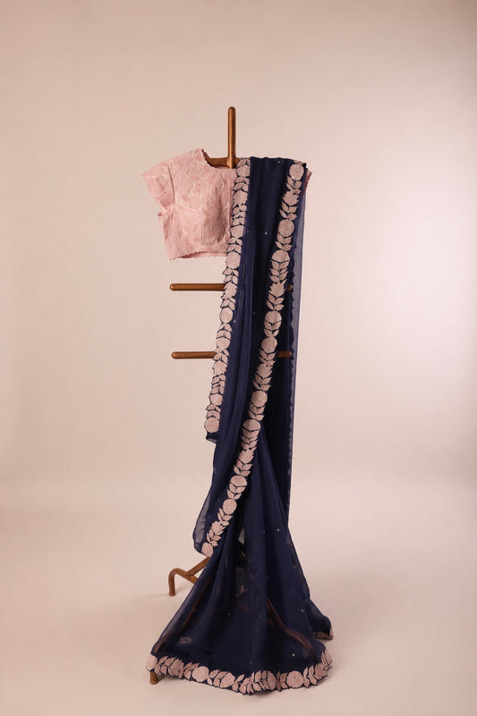 Midnight Blue Applique Falling Organza Saree set