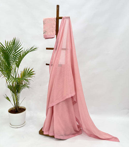 POWDER PINK KOTA SAREE WITH FLORAL BLOUSE FABRIC