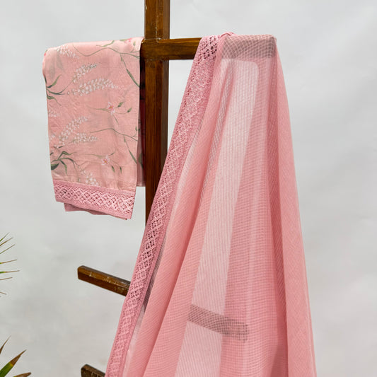 POWDER PINK KOTA SAREE WITH FLORAL BLOUSE FABRIC