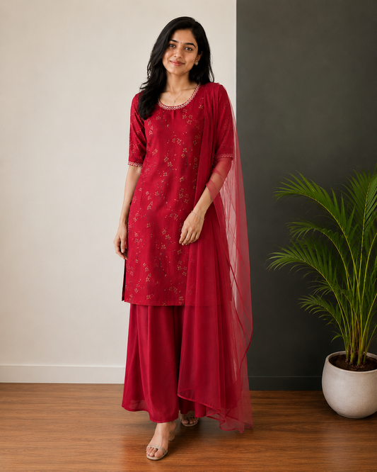 Red Bloom Kurta Set