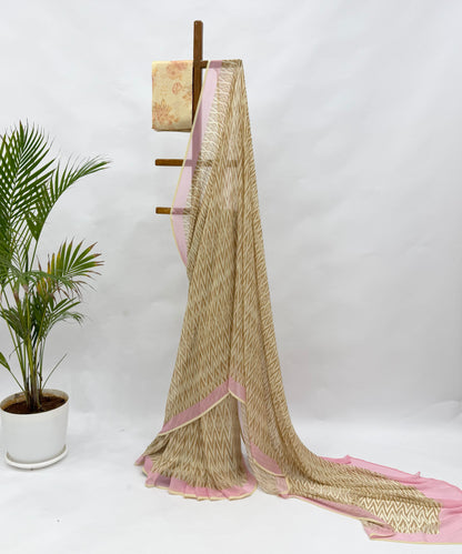BROWN STRIPES GEORGETTE SAREE WITH YELLOW FLORAL BLOUSE FABRIC