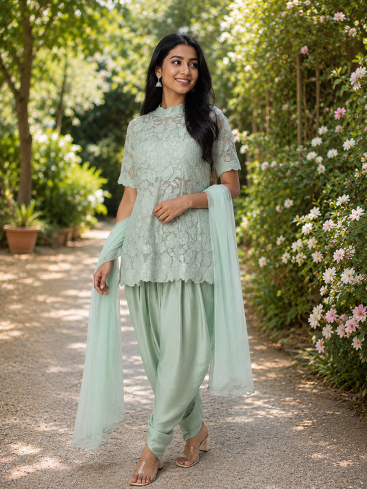 Sea Green Applique Dhoti Kurta Set