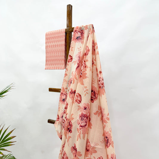 IVORY PEACH FLOWER BUNCH CHANDERI SAREE WITH STRIPES BACKING AND BLOUSE FABRIC