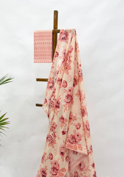 IVORY PEACH FLOWER BUNCH CHANDERI SAREE WITH STRIPES BACKING AND BLOUSE FABRIC