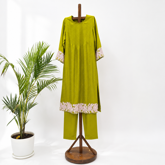 Leaf Green Applique Pearl Kurta with Pants