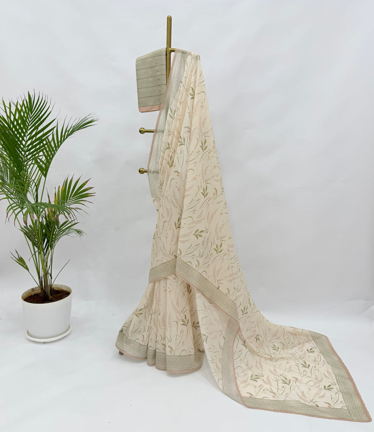 IVORY BOTANICAL CHANDERI SAREE AND SILK BLOUSE FABRIC
