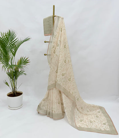 IVORY BOTANICAL CHANDERI SAREE AND SILK BLOUSE FABRIC
