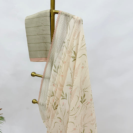IVORY BOTANICAL CHANDERI SAREE AND SILK BLOUSE FABRIC