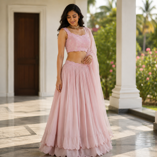 Pink Applique Pearl Skirt Set