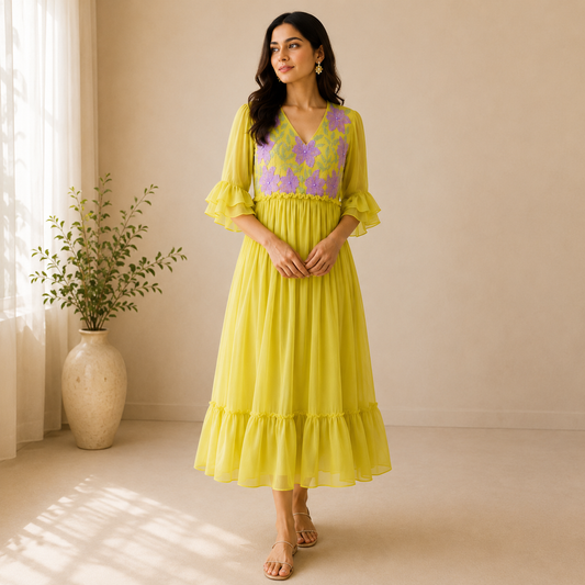 Lime Yellow Layered Kota Dress