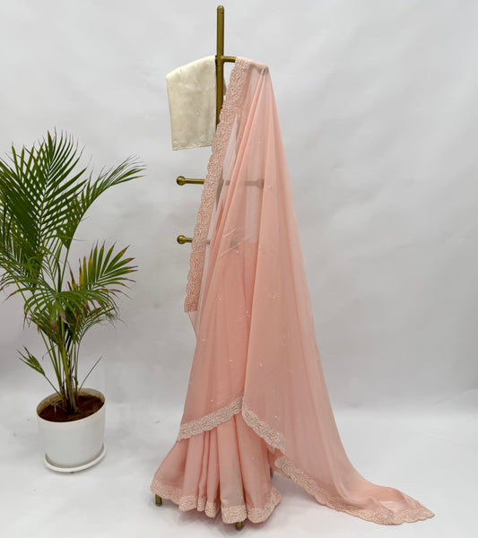 PEACH ORGANAZA AND SILK HALF N HALF SAREE WITH HAND EMBELLISHED PEARL EMBROIDERY SAREE