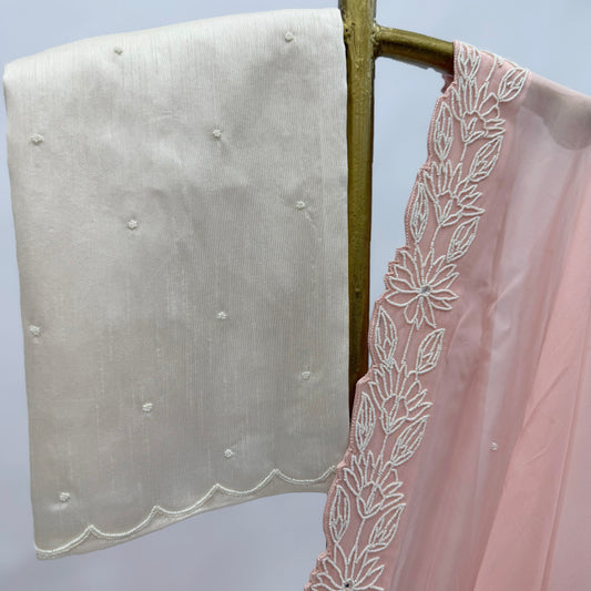 PEACH ORGANAZA AND SILK HALF N HALF SAREE WITH HAND EMBELLISHED PEARL EMBROIDERY SAREE