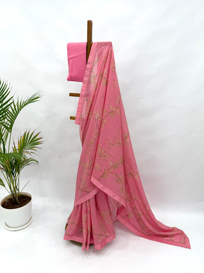 PINK FOLIOLE CHANDERI SAREE WITH SILK BORDER AND BLOUSE FABRIC