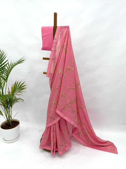 PINK FOLIOLE CHANDERI SAREE WITH SILK BORDER AND BLOUSE FABRIC