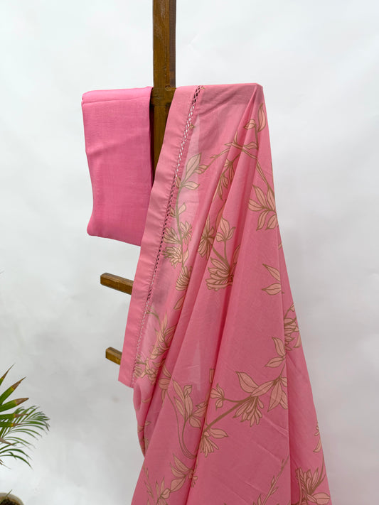 PINK FOLIOLE CHANDERI SAREE WITH SILK BORDER AND BLOUSE FABRIC