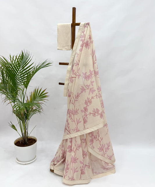 IVORY FOLIOLE CHANDERI WITH SILK BORDER SAREE AND BLOUSE FABRIC